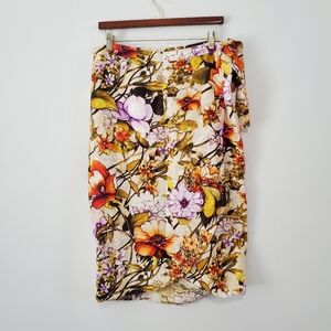 Chico's Linen Sarong Floral Faux Wrap Side-Zip Midi Skirt Size 1 M Sz 8-10 NWT